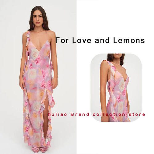 煳椒 For Love and Lemons 印花荷叶边V领度假风吊带连衣裙