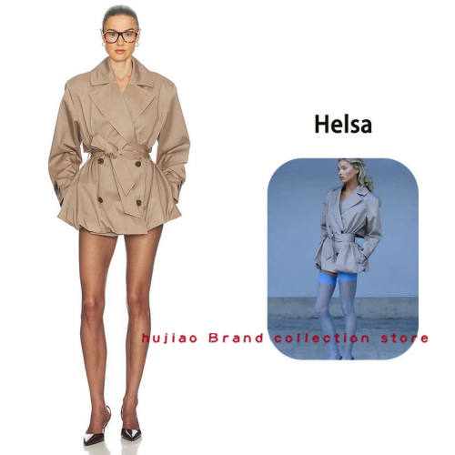 煳椒 Helsa 新款翻领双排扣收腰绑带褶皱花苞短款风衣外套