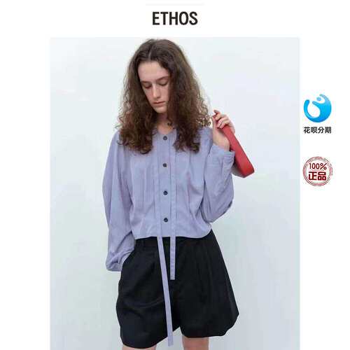 ETHOS 24早秋新款复古飘带系带蝴蝶结单排扣长袖衬衫