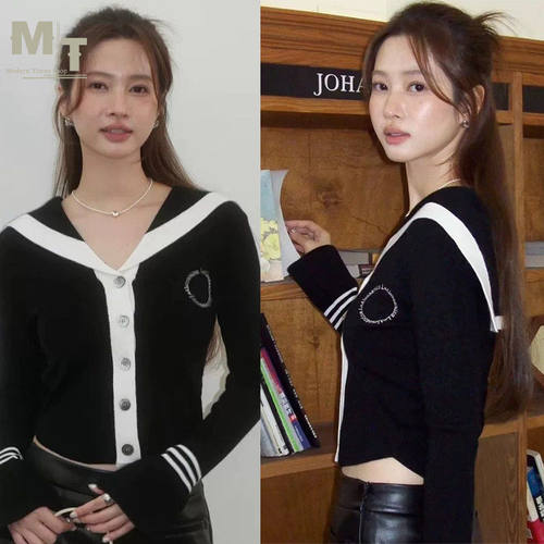 【MTS】ALESSANDRA RICH 女士撞色海军领长袖修身弹力针织衫上衣