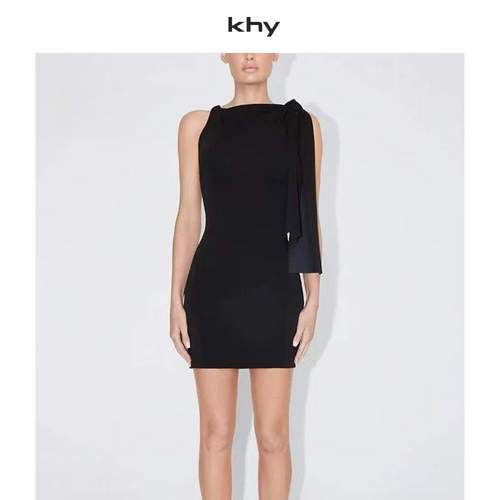 KHY 新款轻奢风挂颈斜肩飘带修身型洋装女