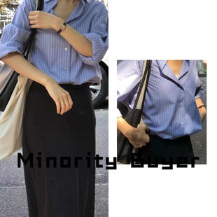 现货 买手店 OUNCE 小众春夏长袖百搭休闲宽松条纹翻领衬衫上衣女