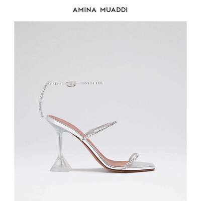 Amina Muaddi 小众设计感一字带水钻方头高跟凉鞋