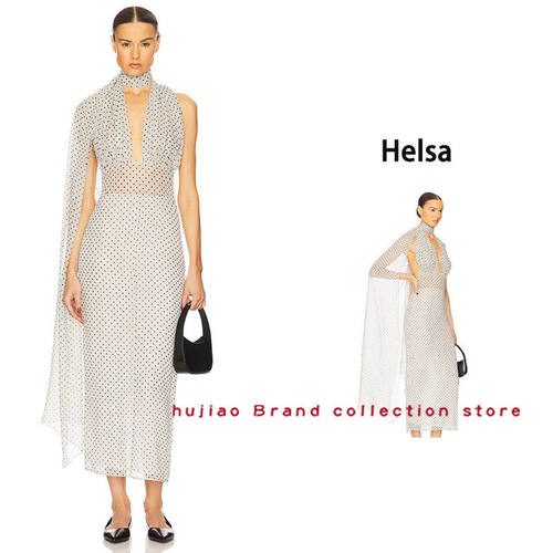 煳椒 Helsa 新款波点挂脖飘带领性感露背修身无袖连衣裙
