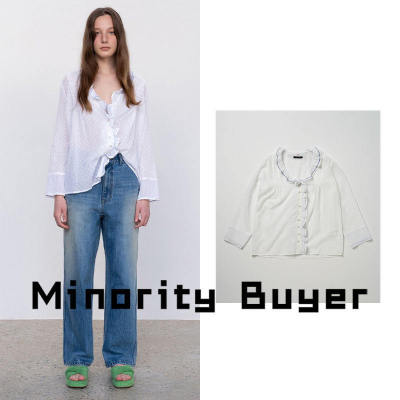 现货 买手店 VIAPLAIN 荷叶花边白色压褶V领长袖宽松衬衫上衣