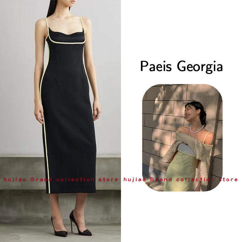 糊椒现货 Paris Georgia 易梦玲同款拼接修身吊带连衣裙气质长裙