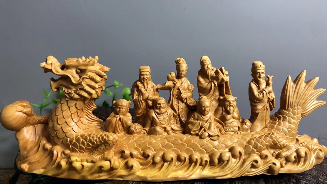 黄杨木雕创意中式装饰摆件八仙过海雕刻工艺品赛龙舟汽车送礼收藏