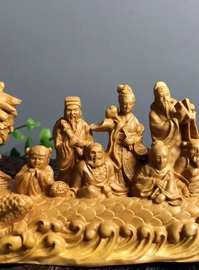 黄杨木雕创意中式装饰摆件八仙过海雕刻工艺品赛龙舟汽车送礼收藏