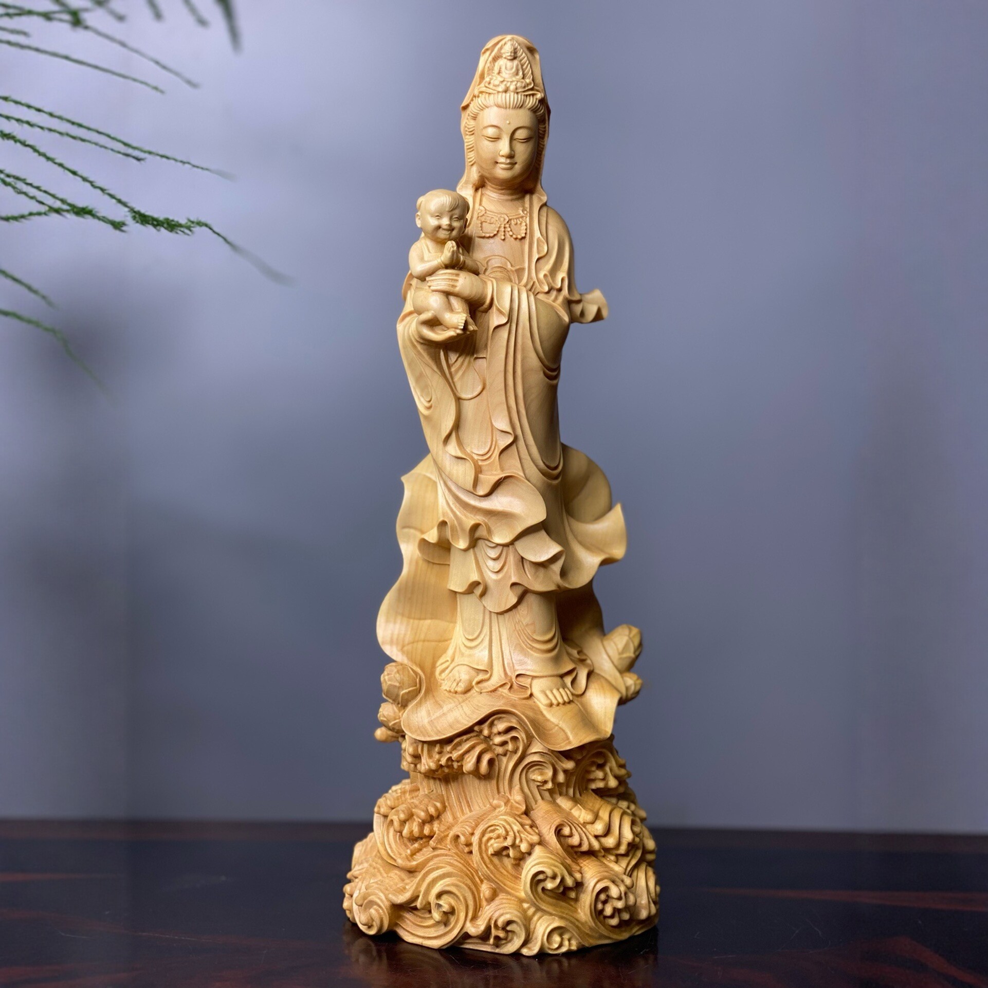 黄杨木雕送子观音佛像供奉摆件