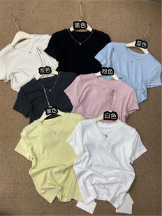 韩系26春夏纯色圆领正肩短袖 显瘦上衣配项链 t恤女柔软弹力修身