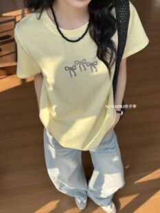 奈子-26年夏季休闲风百搭烫钻工艺蝴蝶结常规时尚短袖T恤26098