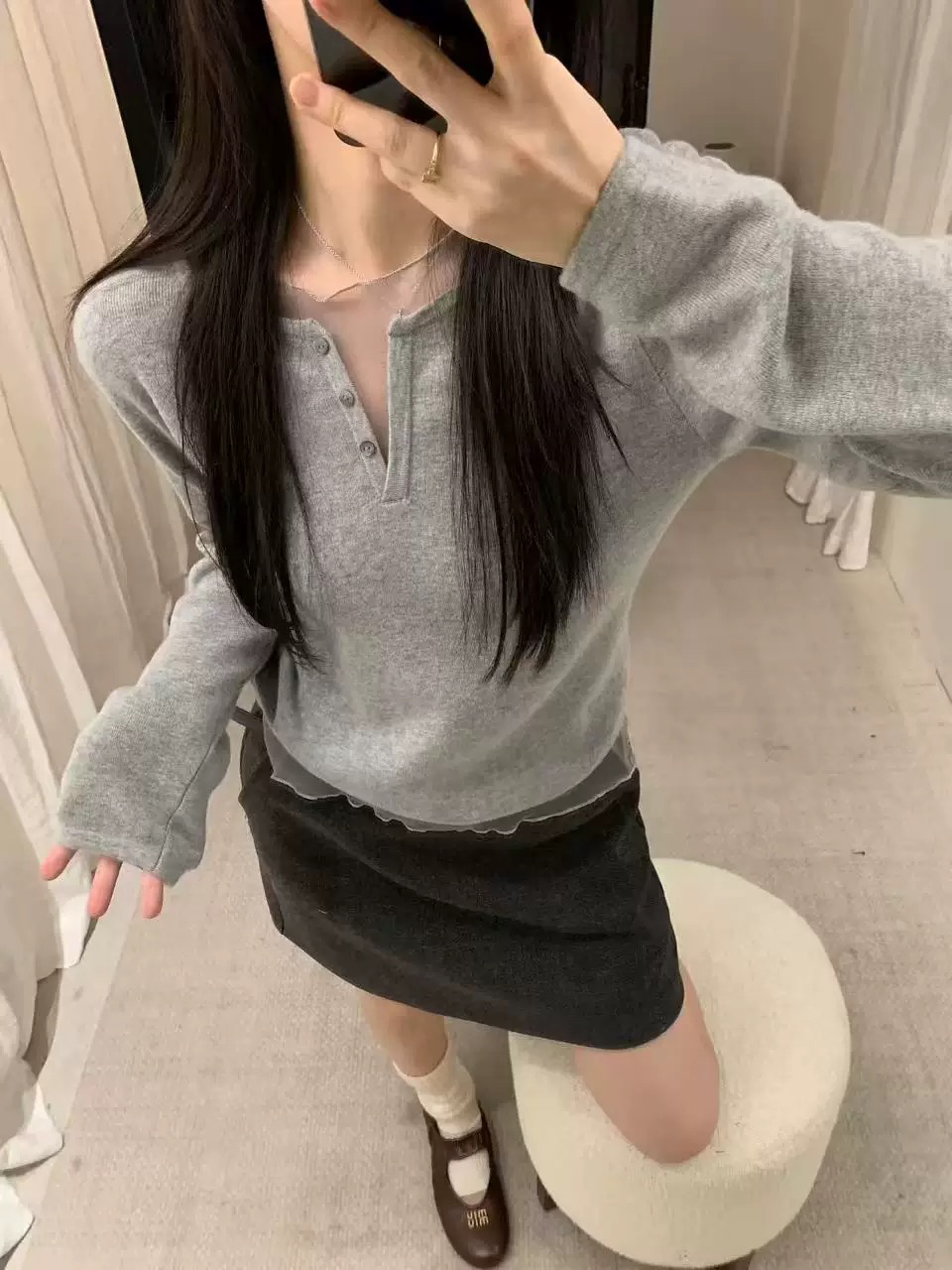 韩伊hanyi正品25冬季拼接小心机加厚保暖长袖T恤百搭洋气打底衫