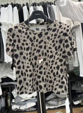 韩伊hanyi正品复古豹纹修身短袖T恤女新款欧货时尚女上衣潮