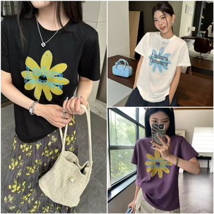 NAIZI奈子夏季韩系宽松洋气小雏菊印花减龄百搭洋气短袖t恤女潮
