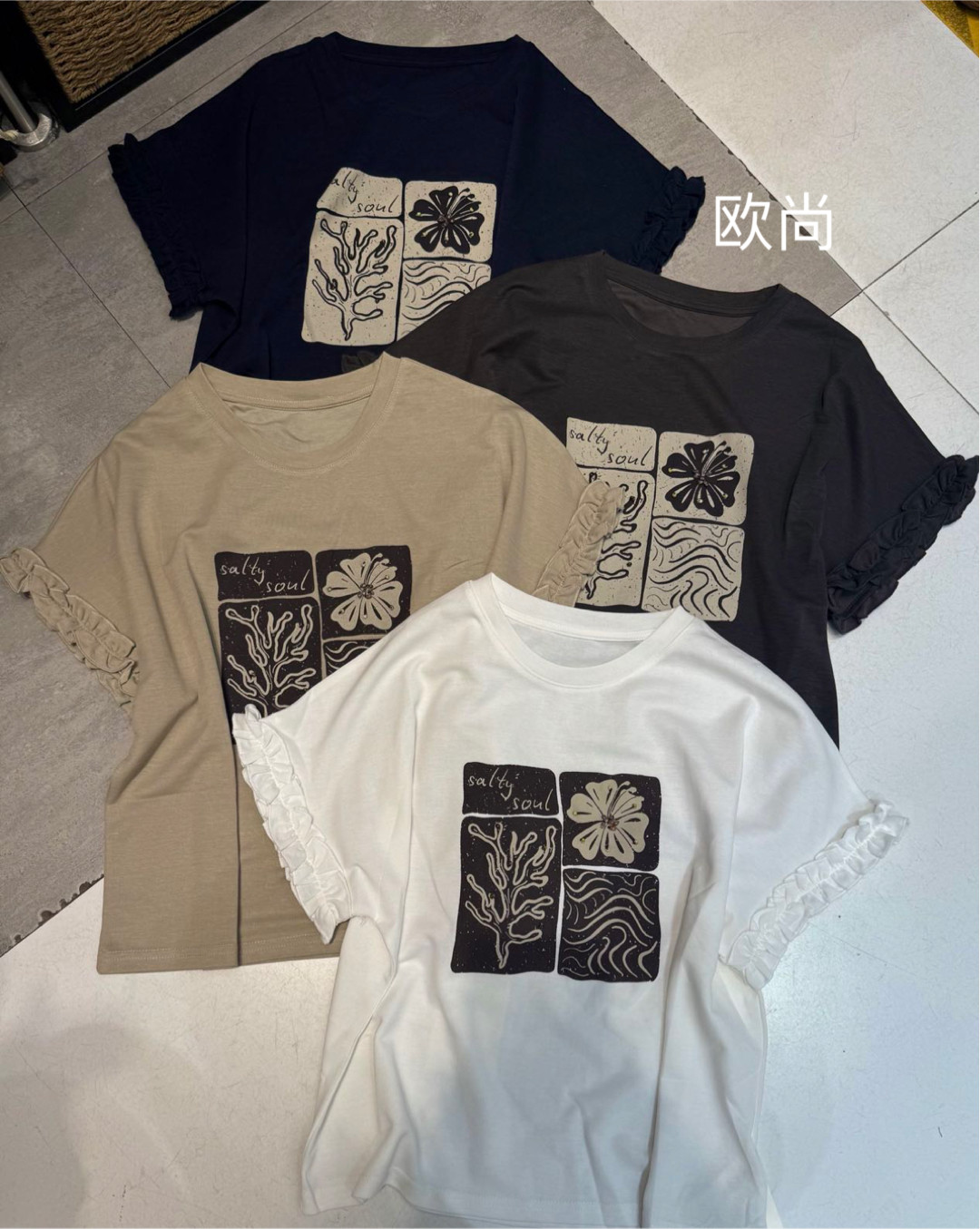 韩伊hanyi正品26夏季花边袖简单落肩宽松T恤女百搭短袖潮上衣
