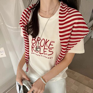 韩伊hanyi正品刺绣工艺字母短袖T恤女配披肩26春夏百搭女上衣