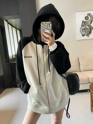 韩范NAIZI奈子秋冬新款宽松擦肩袖连帽时尚卫衣女潮上衣