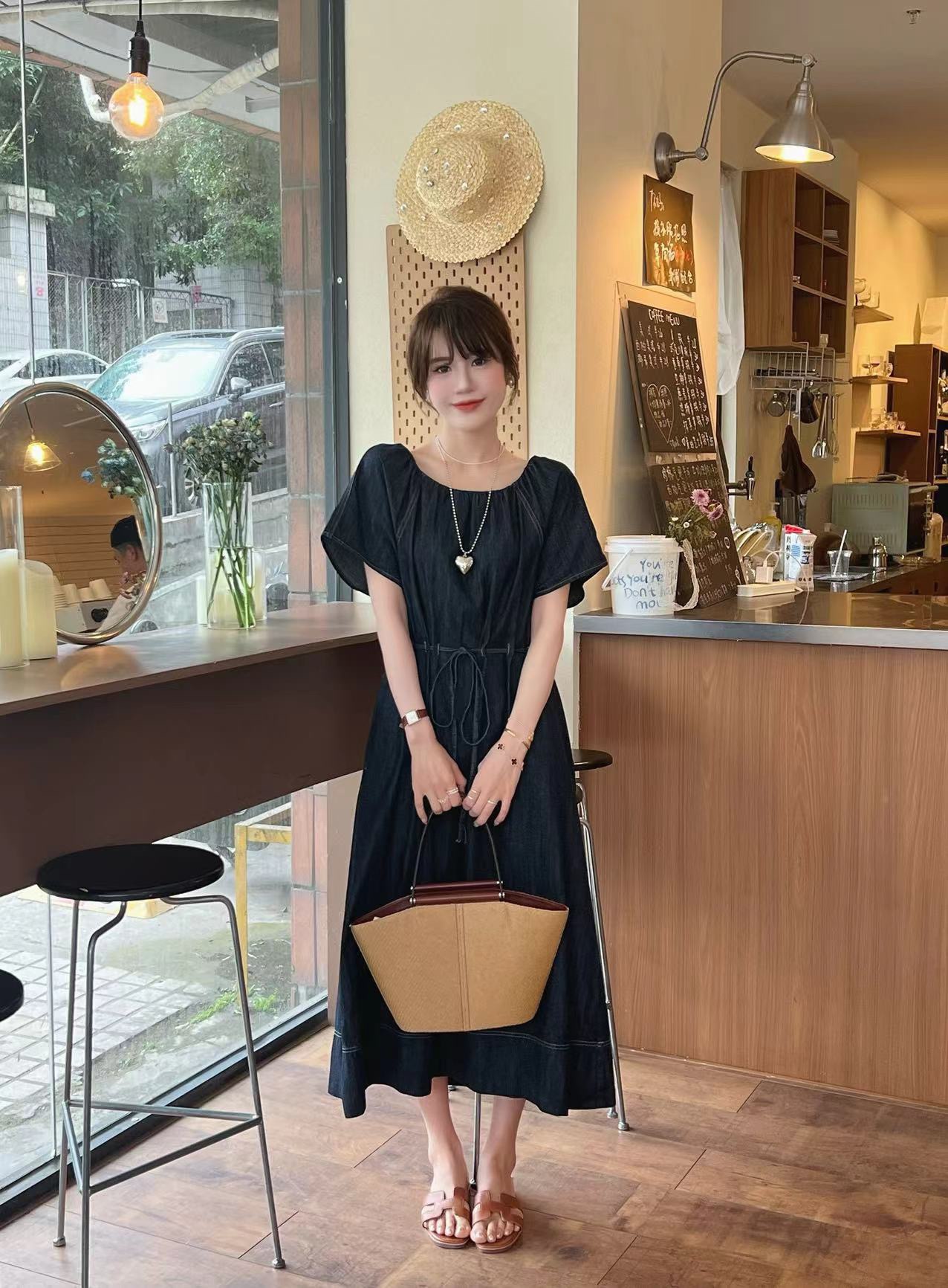 韩式24年Mona复古风褶皱系带圆领连衣裙宽松时尚牛仔长裙超软裙子