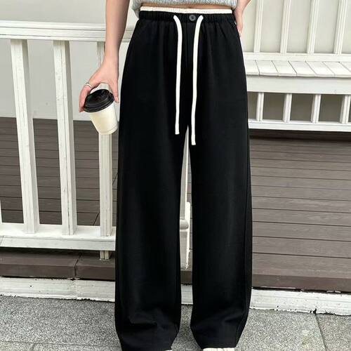 窄版阔腿裤女直筒2026春季J J良品新款松紧撞色腰抽绳休闲裤6829