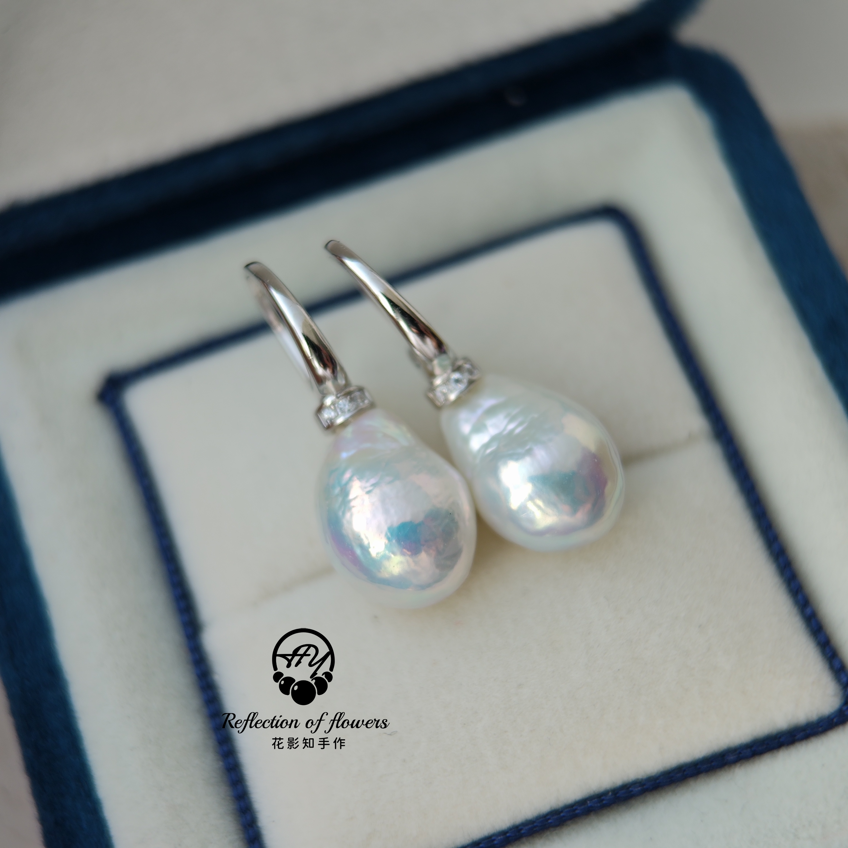 一物一图糖纸极光12-13mm天然珍珠巴洛克水滴耳钉s925纯银11x15mm