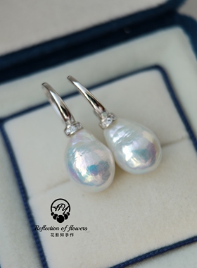 一物一图糖纸极光12-13mm天然珍珠巴洛克水滴耳钉s925纯银11x15mm