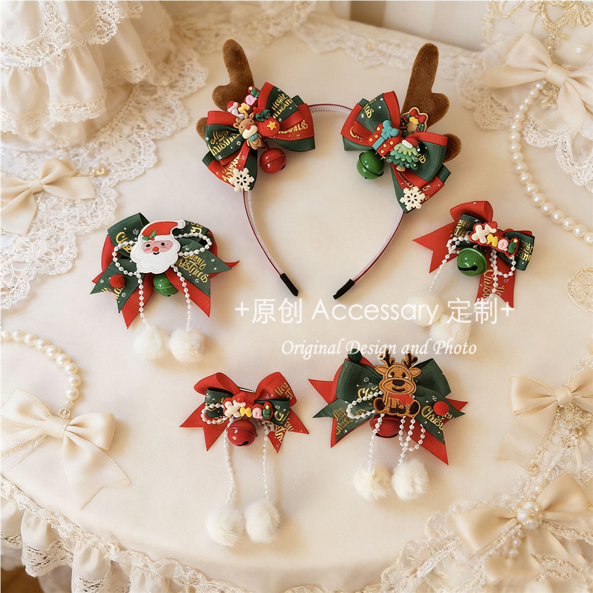 ins圣诞节发箍蝴蝶结发夹 日系软妹麋鹿铃铛对夹新年发饰