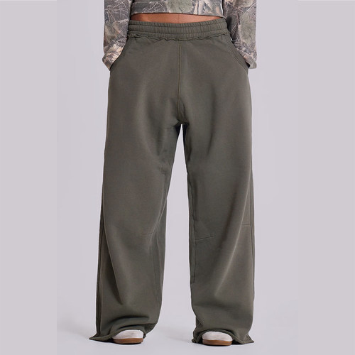 Jennie同款橄榄绿松紧腰欧美宽松休闲裤男女街舞直筒阔腿长裤