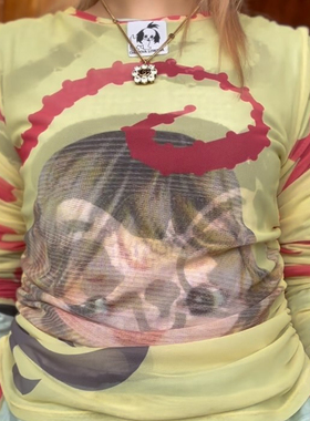 chopovai25SS欧美潮甜辣Y2K双层网纱抽绳长袖透气男女T恤上衣