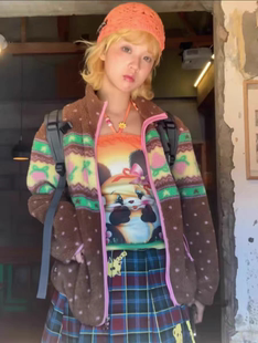 Strawberry新款 秋冬千禧Y2K亚比摇粒绒羊羔绒棕拼色毛呢外套上衣