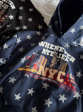 顶版whenever复合绒加厚保暖挺括感印花欧美连帽男女宽松卫衣上衣