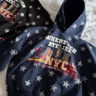 顶版whenever复合绒加厚保暖挺括感印花欧美连帽男女宽松卫衣上衣