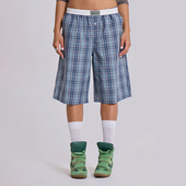 欧美2025潮定制蓝格子松紧腰男女中性七分六分阔腿短裤
