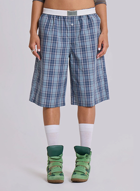 欧美2025潮定制蓝格子松紧腰男女中性七分六分阔腿短裤