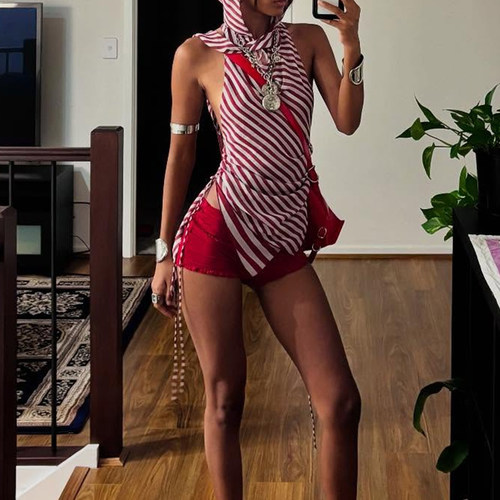 夏纹连帽露背裹胸小吊带