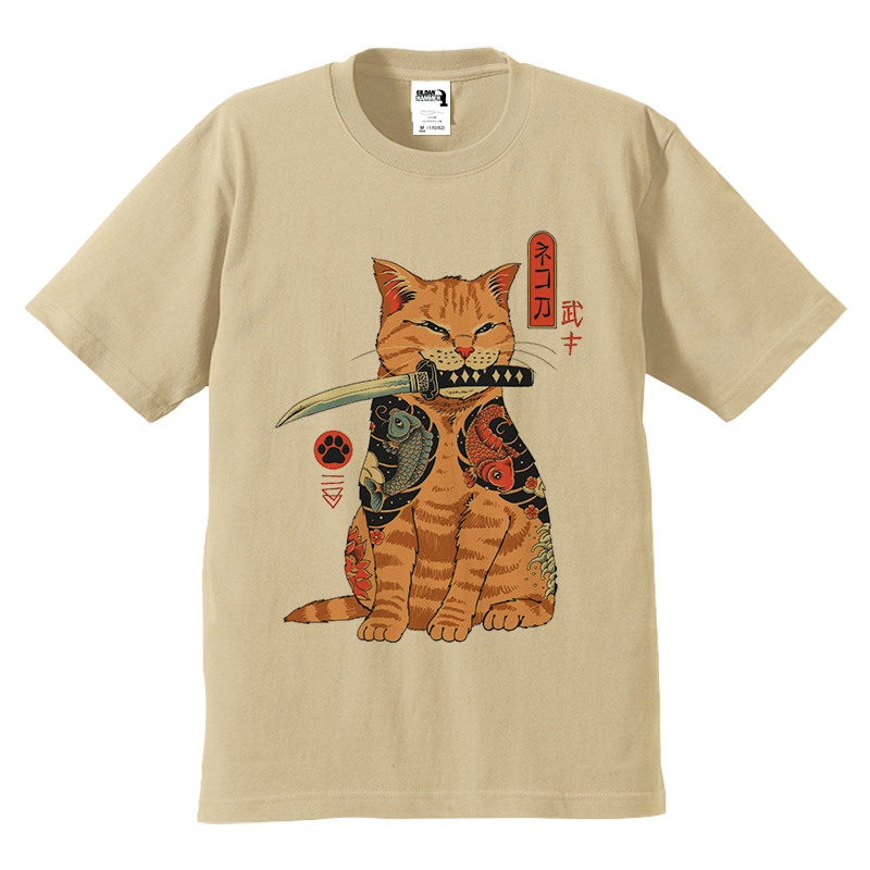 纹身刺青猫短袖T恤日系复古浮世绘手绘猫奴纯棉染色印花男女亲子