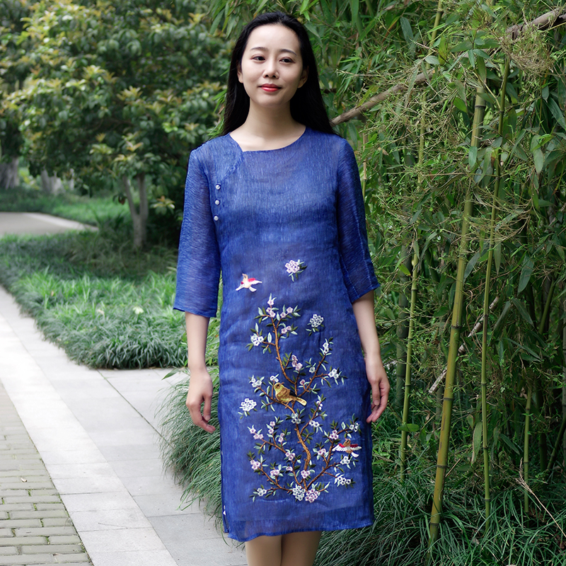 [奂墨]绣花真丝轻中式连衣裙中国风袍子丝麻桑蚕丝长裙 孤品特价
