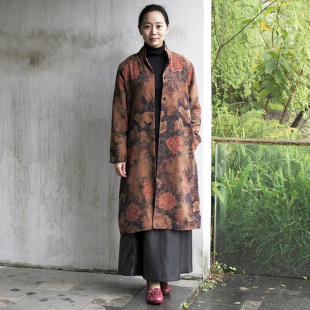 中国风春秋女 大衣风衣长外套 原创绢纺香云纱中式 孤品特惠 奂墨