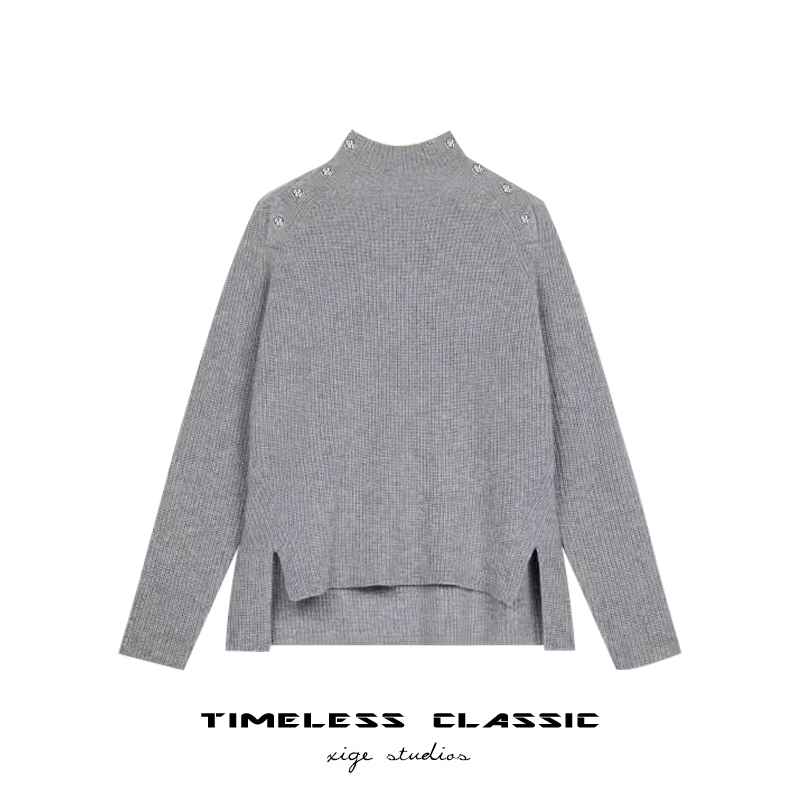 2021秋冬新款羊绒衫女士小高领金属扣长袖纯色宽松时尚套头针织衫