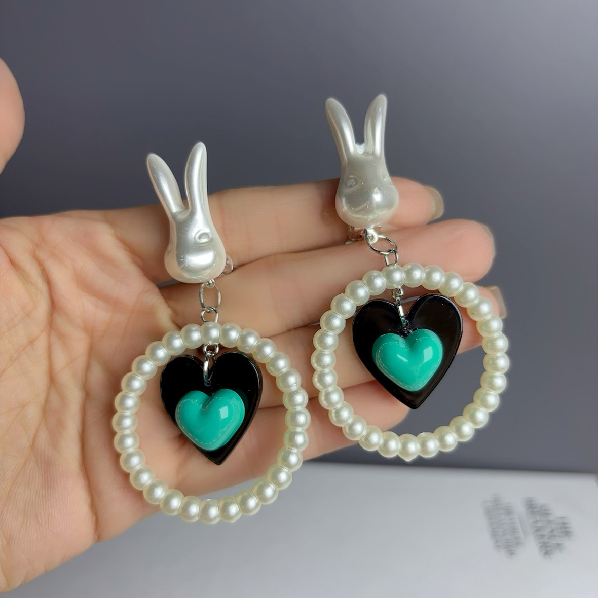 小兔子绿色甜美个性夸张设计原创大圆圈耳环无耳洞耳夹