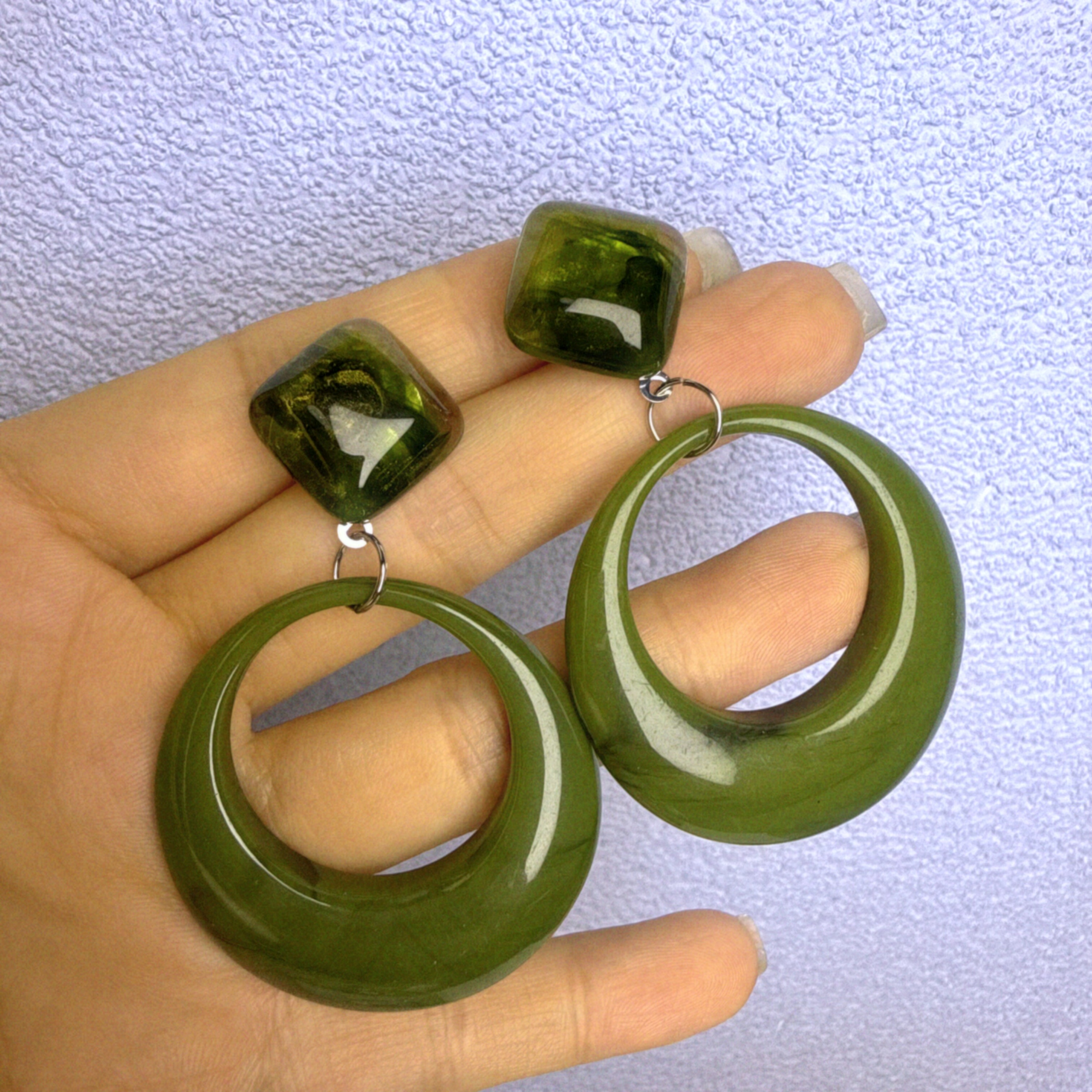 UNBOX原创手作夸张绿色几何耳环中式耳坠海边耳夹无耳洞款