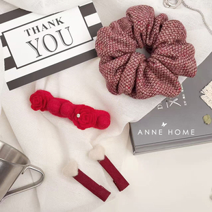 ANNEHOME新年发饰红色蝴蝶结一字弹簧侧边碎发夹大肠发圈高级定制