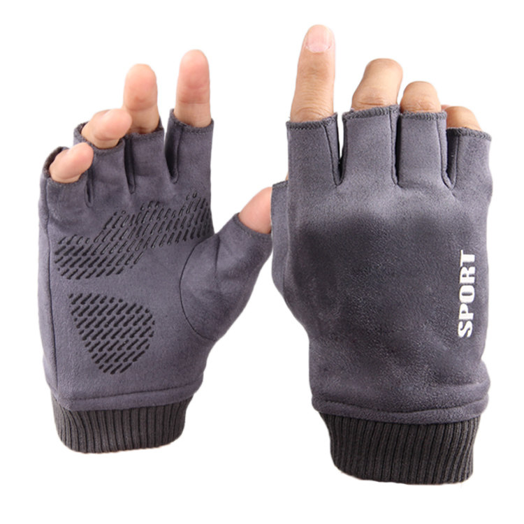 麂皮绒半指手套男冬季天保暖露指半截防滑韩版潮学生加绒加厚骑行