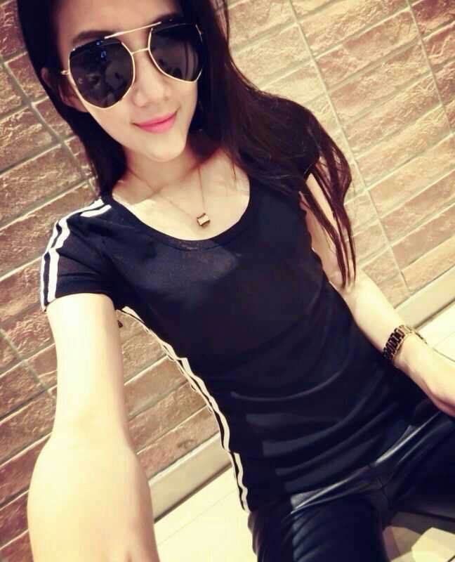 夏季新款棉t黑色短袖女三道杠t恤