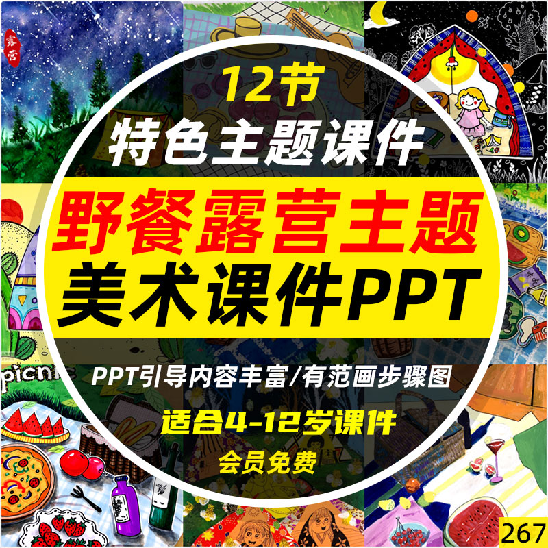 少儿美术课件ppt踏青户外野餐露营美术绘画课程目标儿童临摹范画