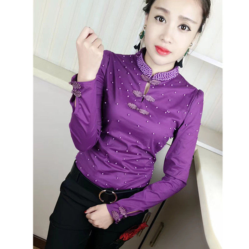 2019秋新款襯衫女長袖中國風旗袍修身顯瘦上衣複古盤扣釘珠打底衫在類目 女裝/女士精品, 襯衫中 - 來自Buy2taobao.com提供專業的淘寶代購服務