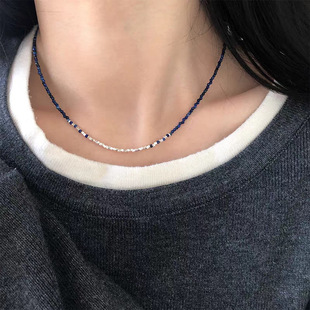 s925纯银渐变蓝色串珠项链女2025新款 轻奢小众高级感碎银子锁骨链