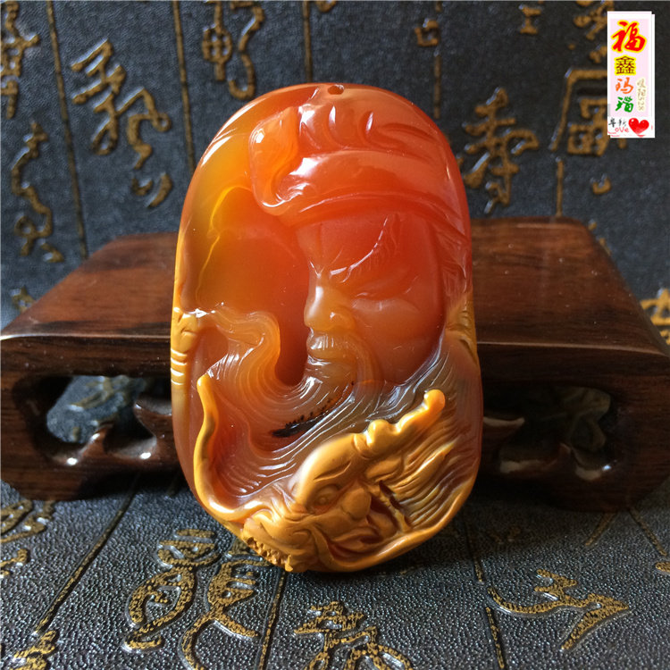 天然冰透俏色玛瑙手工雕刻武财神系列吊牌玉髓关公护身挂坠男女款