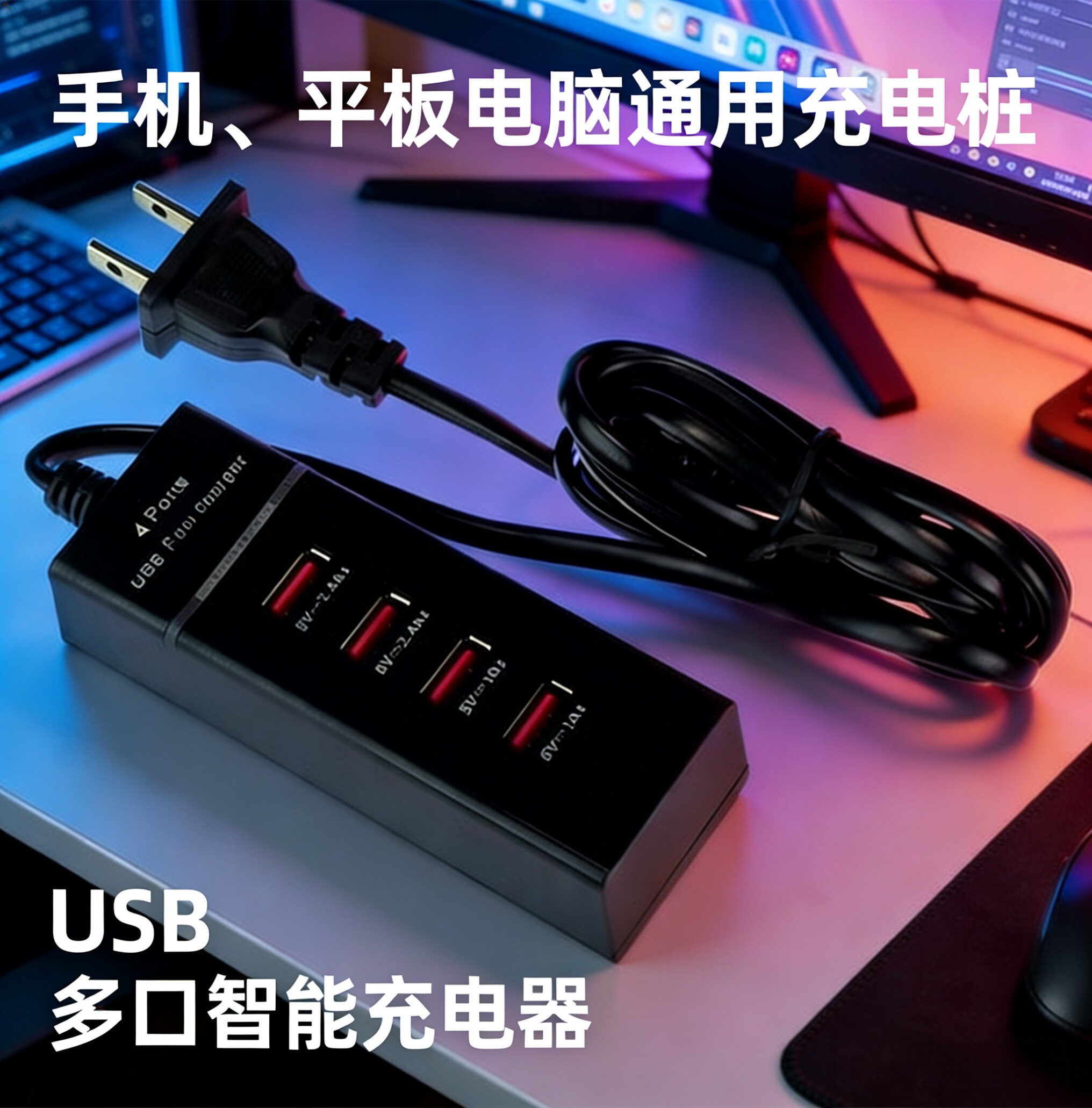 多口usb充电器 5V 2AUSB充电器 4口多接口排插 多孔手机平板充电充电站工作室充电头多口同时工作2.4a充电