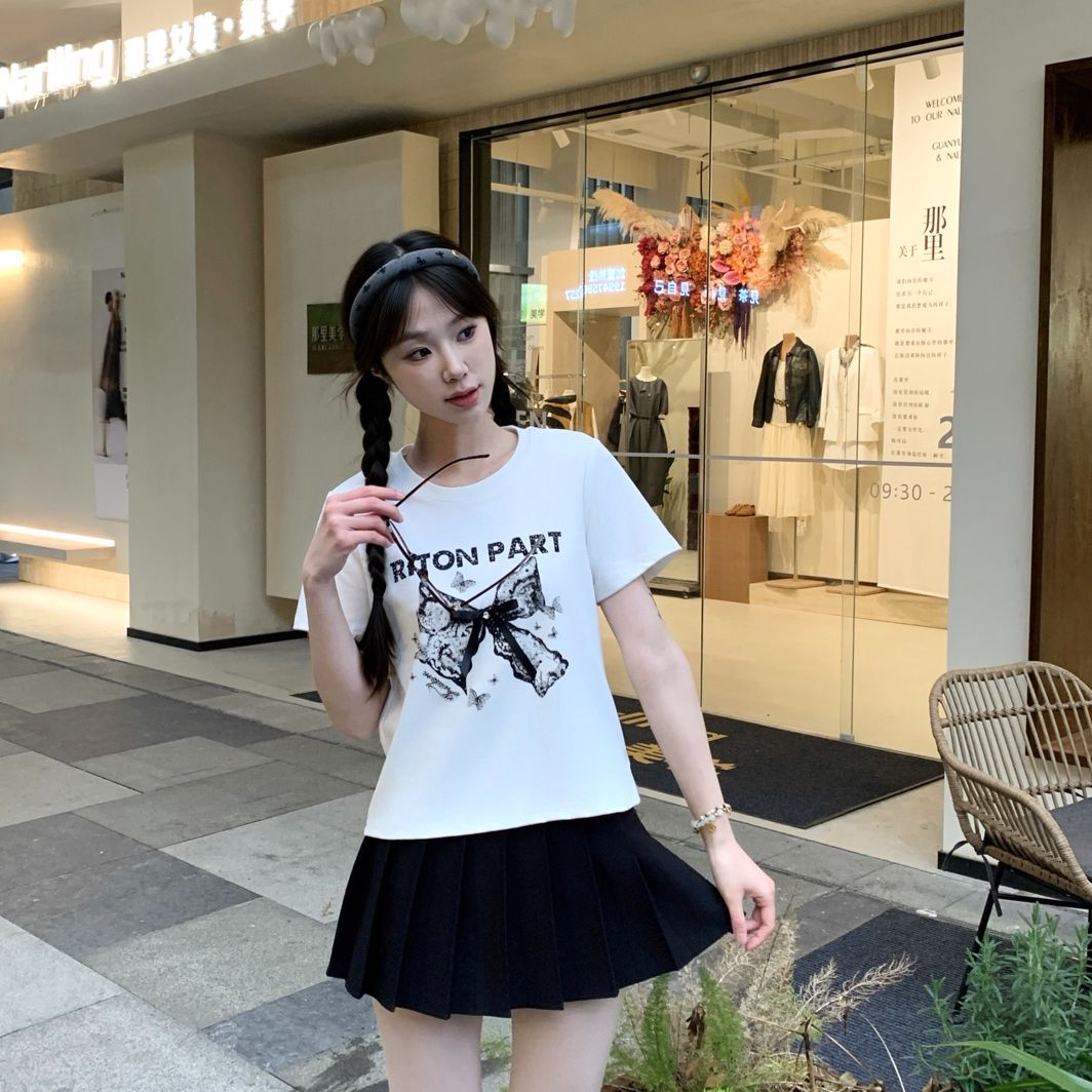 549T恤夏季新款时尚百搭蝴蝶结印花短袖T恤女修身显瘦圆领上衣