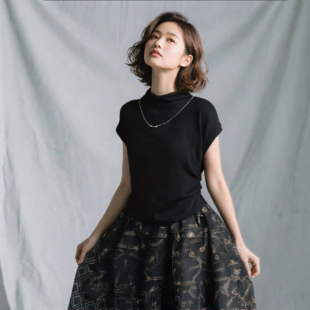 055半高领打底衫女夏装新款褶皱收腰内搭短袖时尚上衣气质正肩